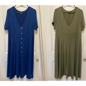 2 Elegant Blue and Green Button-Down Dresses